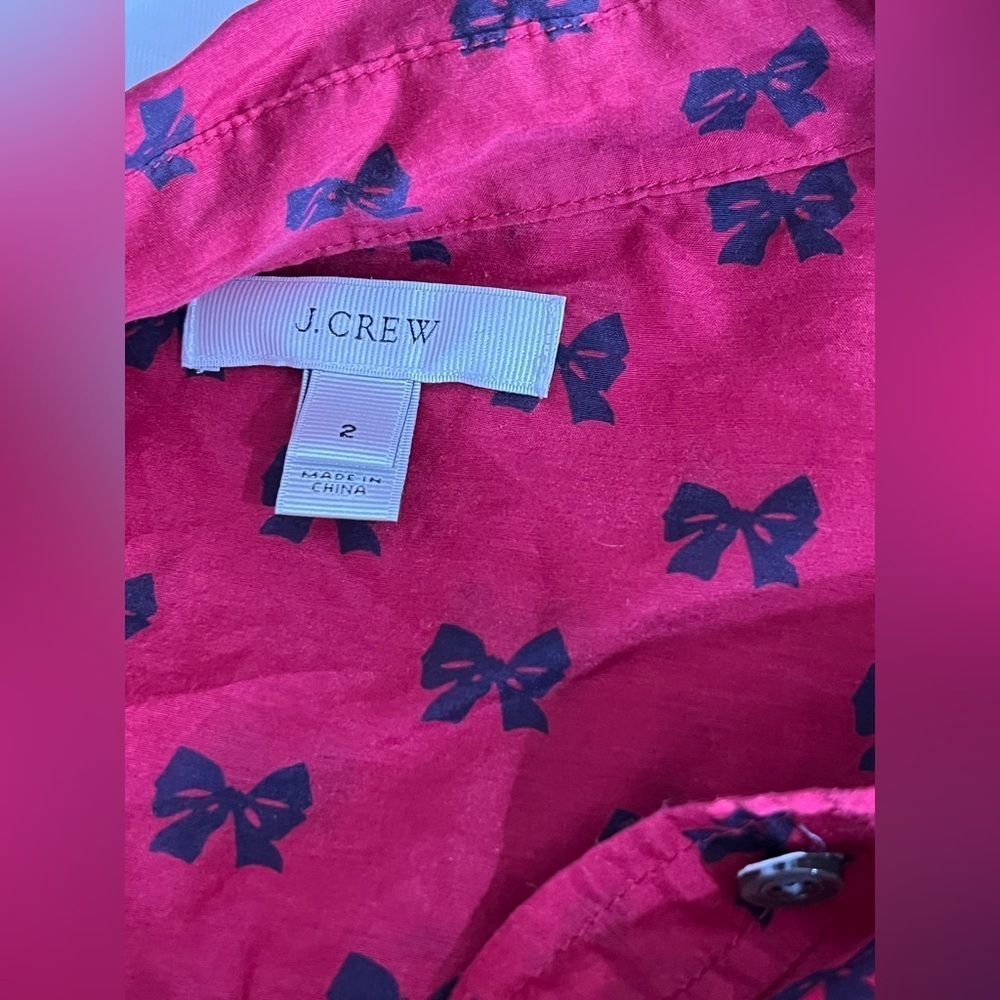 J. Crew Silk Cotton Popover in Bows Professional Holiday Red Top Blouse Size 2 - Picture 5 of 10